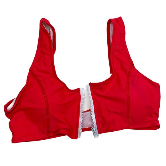 Red & White Scoop Neck Zip-Front Crop Top Bikini - Picture 12 of 15